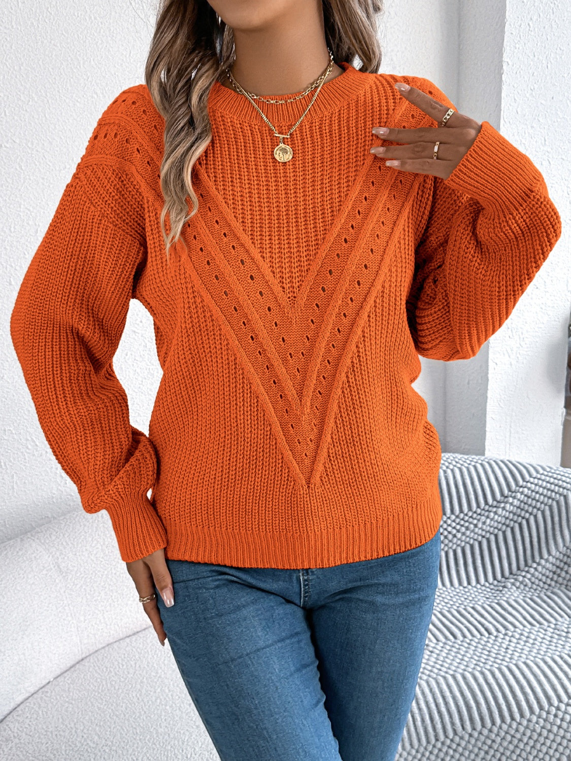 Dolce Paris |  Pull à col rond ajouré à manches longues